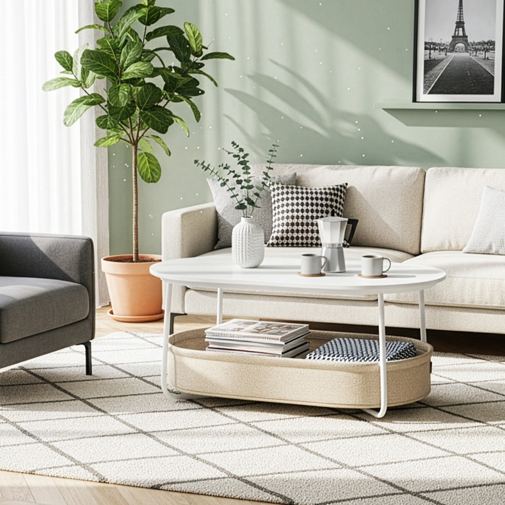 Living room table with fabric basket, side table with storage, metal frame - Image 2