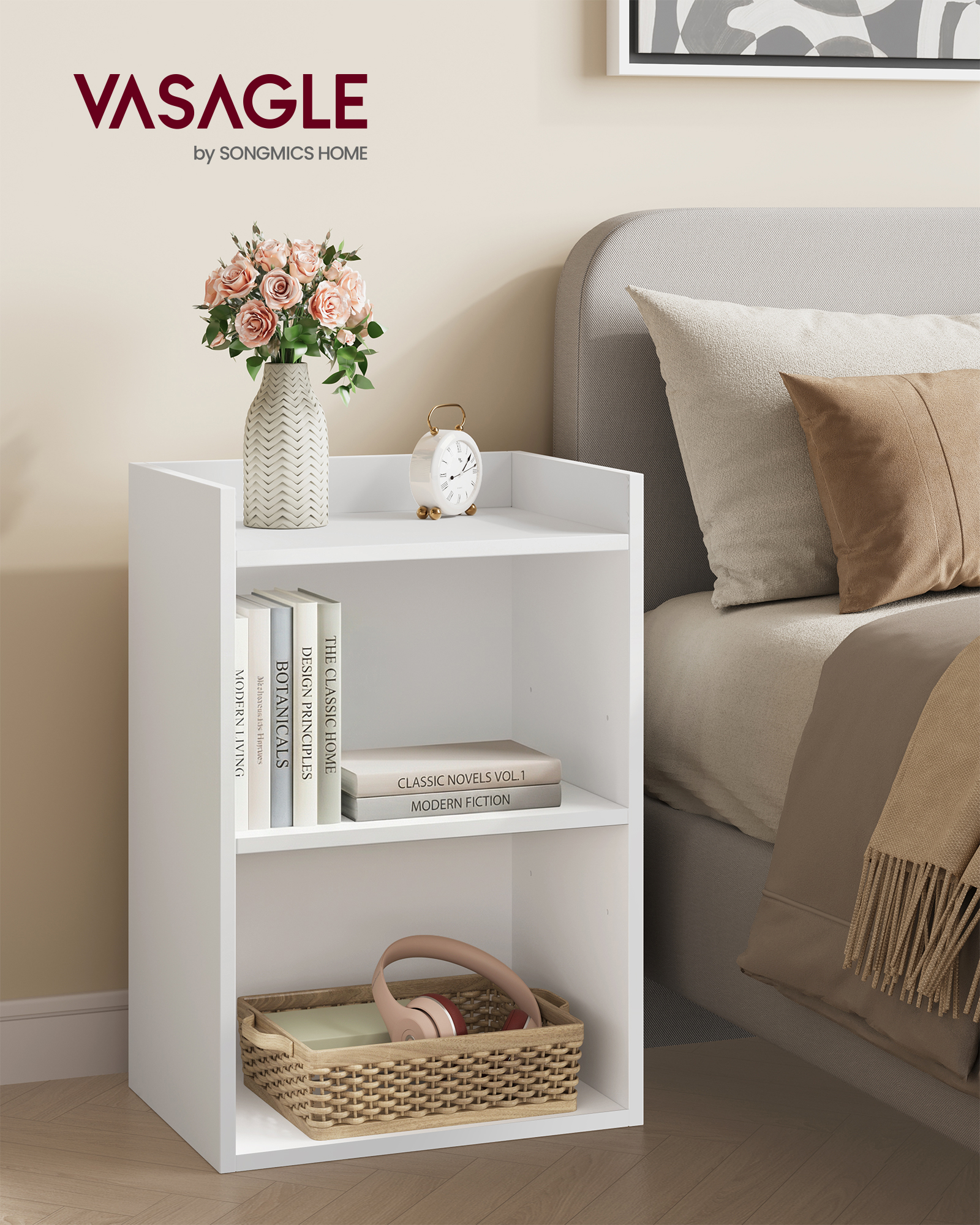 VASAGLE Custos Collection - Bedside Table with Open Compartments, Side Table with Adjustable Shelf, Dual Use, Easy Assembly, for Bedroom, Living Room, Cloud White