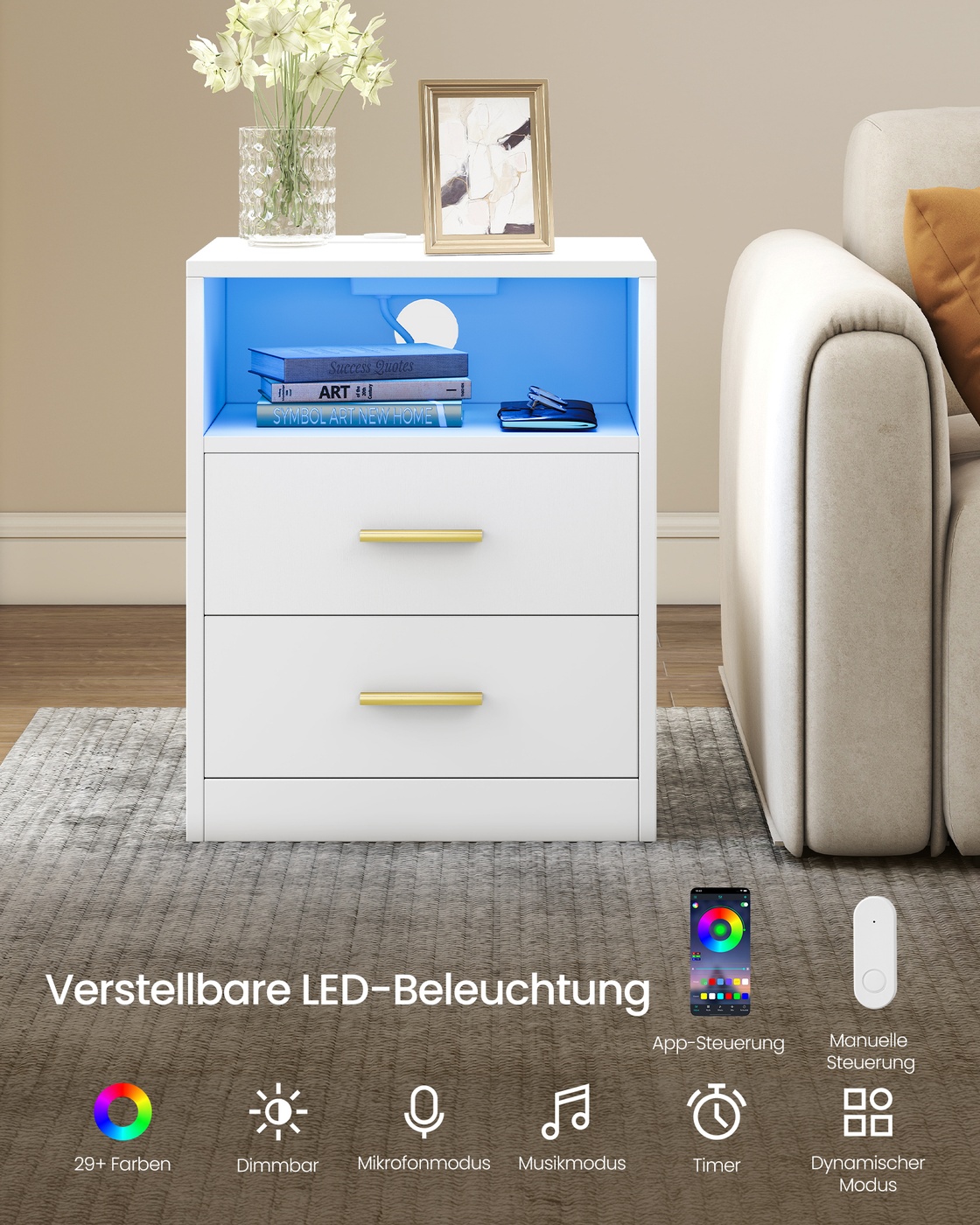 Custos Collection - Nightstand with charging station and LED in cloud white - Image 4