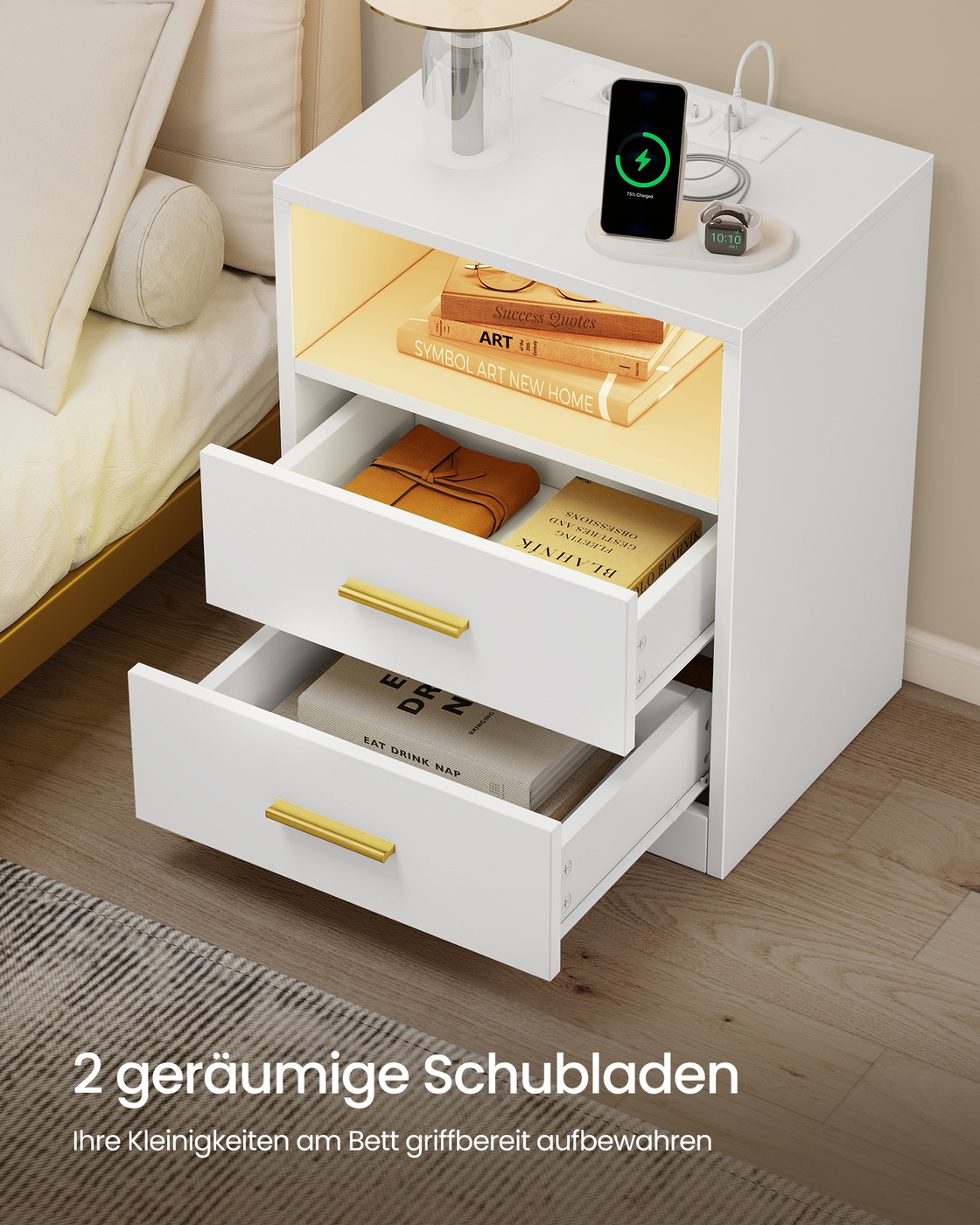 Custos Collection - Nightstand with charging station and LED in cloud white - Image 6