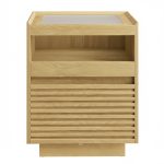 VASAGLE Nightstand with LED Lighting, Side Table, Drawer, Pull-Out Shelf, Top Lighting Adjustable in 3 Colors, Bottom with Motion Sensor, Bedroom, Natural Oak Color