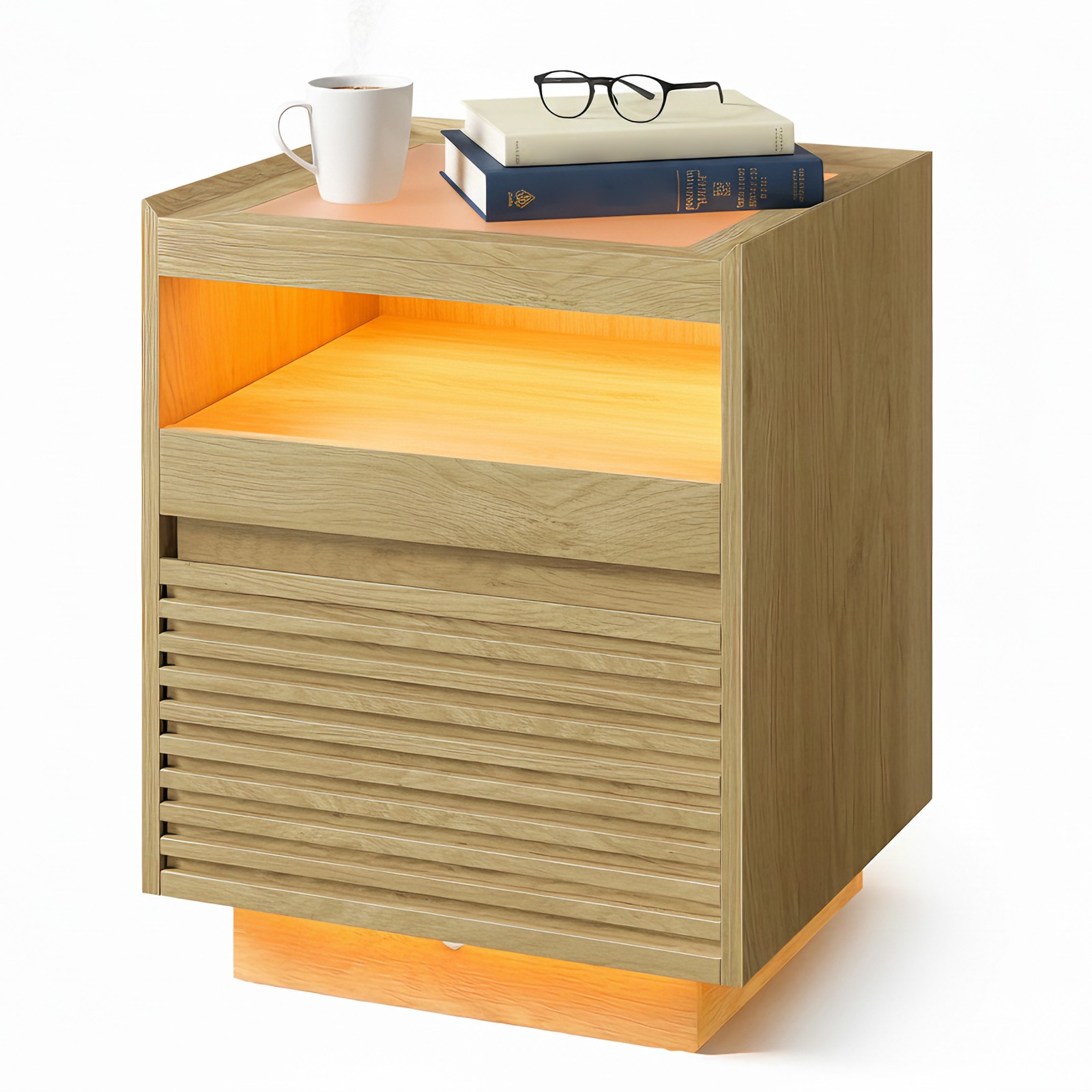 VASAGLE Nightstand with LED Lighting, Side Table, Drawer, Pull-Out Shelf, Top Lighting Adjustable in 3 Colors, Bottom with Motion Sensor, Bedroom, Natural Oak Color - Image 2