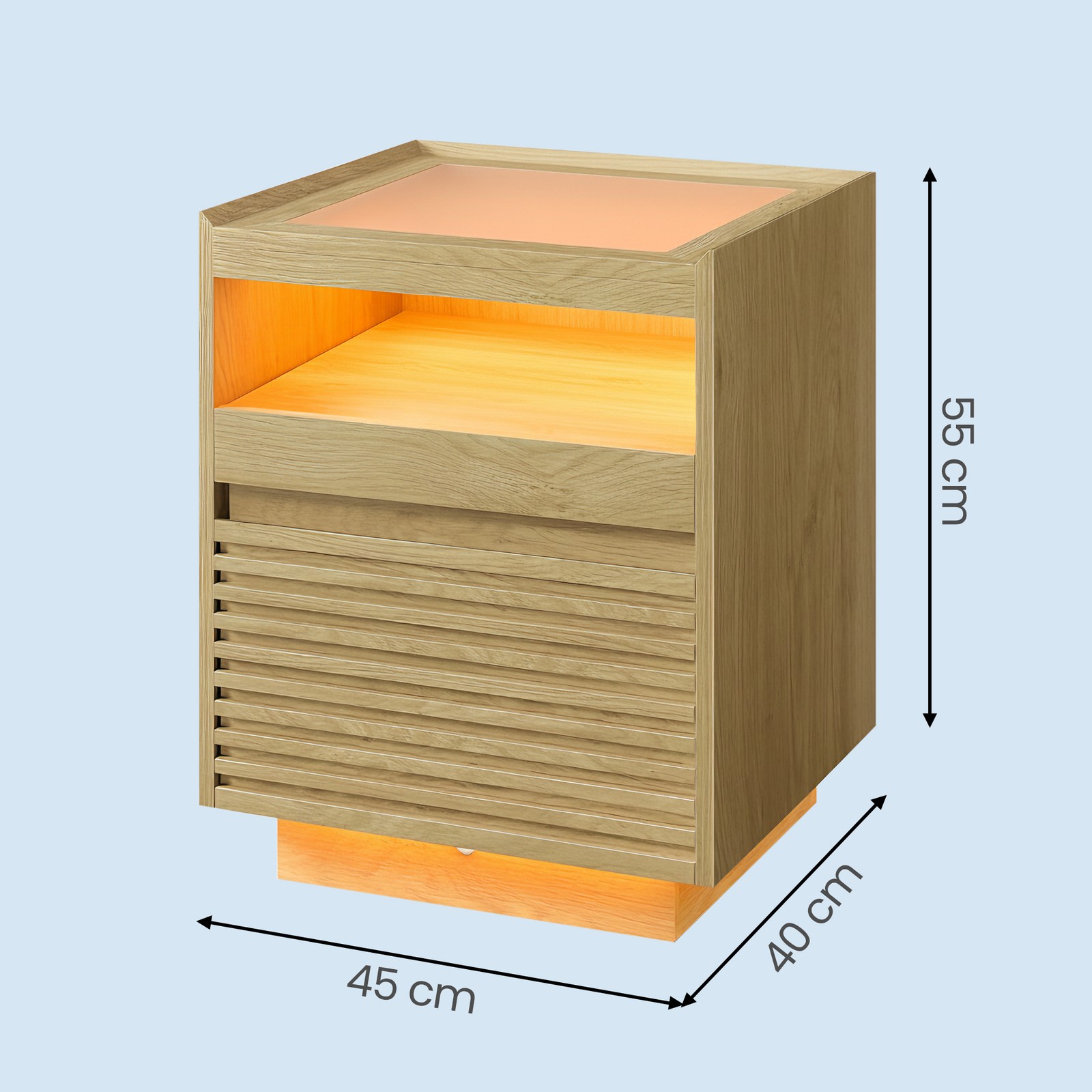 VASAGLE Nightstand with LED Lighting, Side Table, Drawer, Pull-Out Shelf, Top Lighting Adjustable in 3 Colors, Bottom with Motion Sensor, Bedroom, Natural Oak Color - Image 3