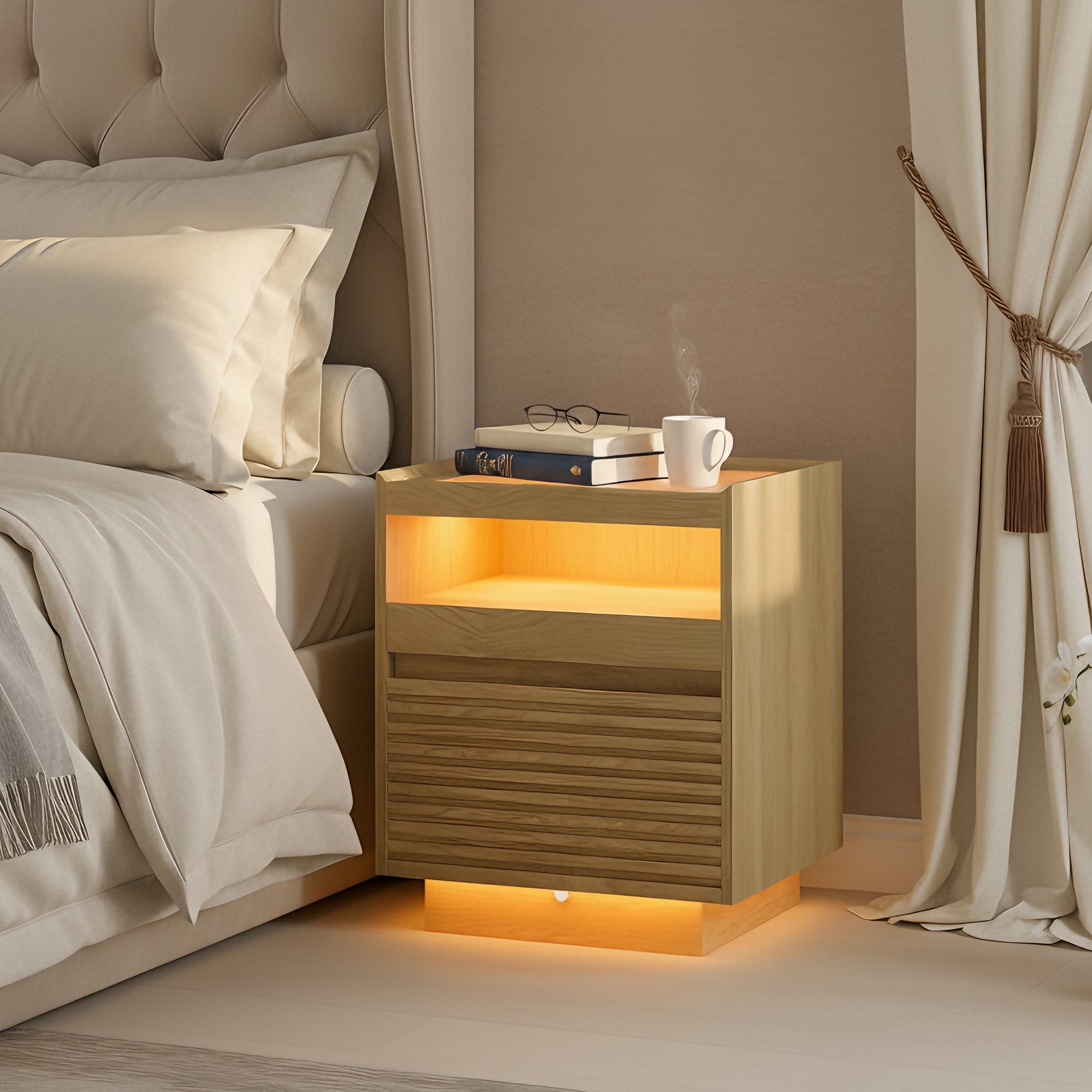 VASAGLE Nightstand with LED Lighting, Side Table, Drawer, Pull-Out Shelf, Top Lighting Adjustable in 3 Colors, Bottom with Motion Sensor, Bedroom, Natural Oak Color - Image 4