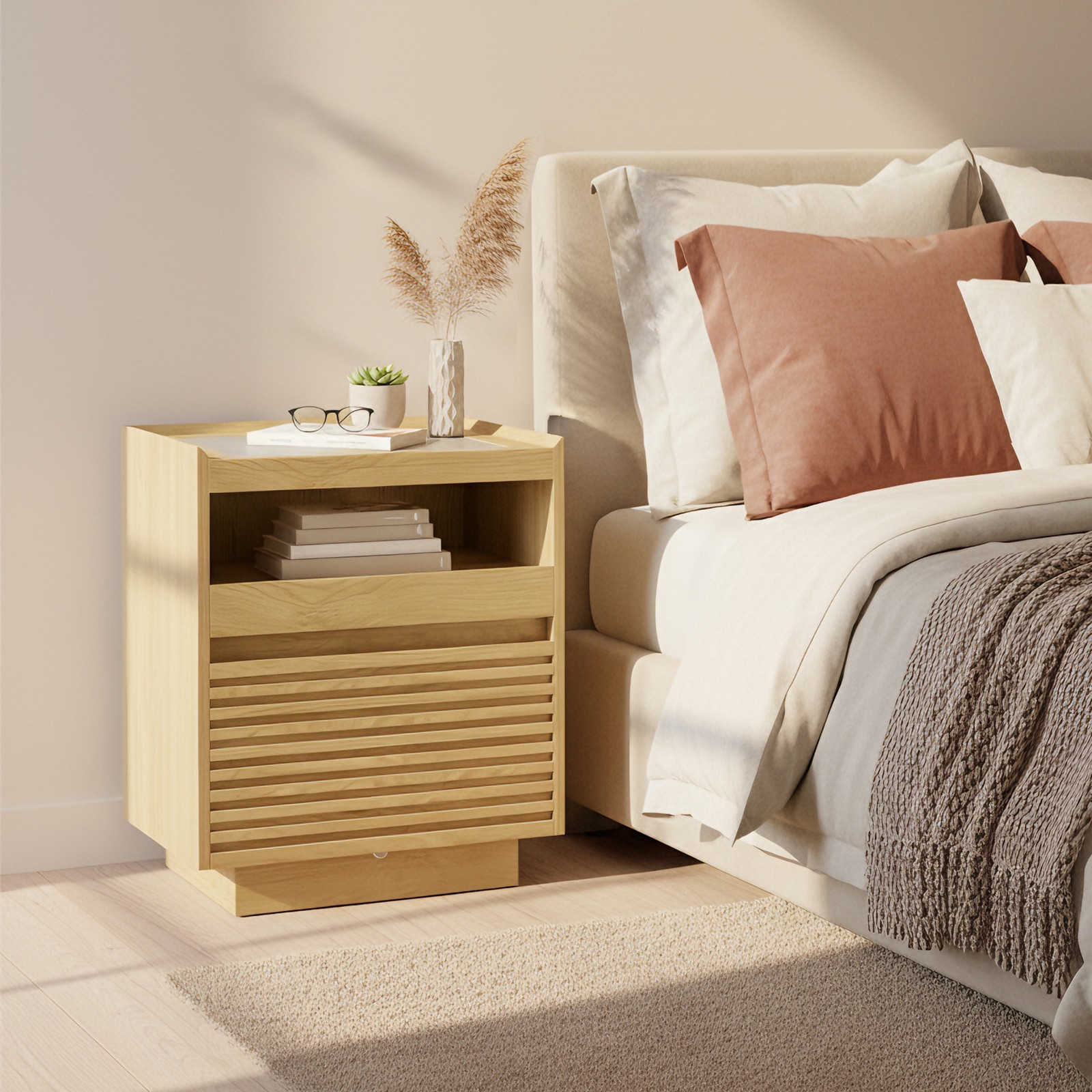 VASAGLE Nightstand with LED Lighting, Side Table, Drawer, Pull-Out Shelf, Top Lighting Adjustable in 3 Colors, Bottom with Motion Sensor, Bedroom, Natural Oak Color - Image 5