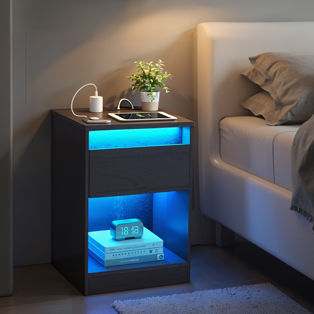 VASAGLE Nightstand with Adjustable LED Lighting, Side Table with Outlets, Drawer, 2 AC Outlets, 2 USB Ports, Modern, for Bedroom, Living Room, Cloud White