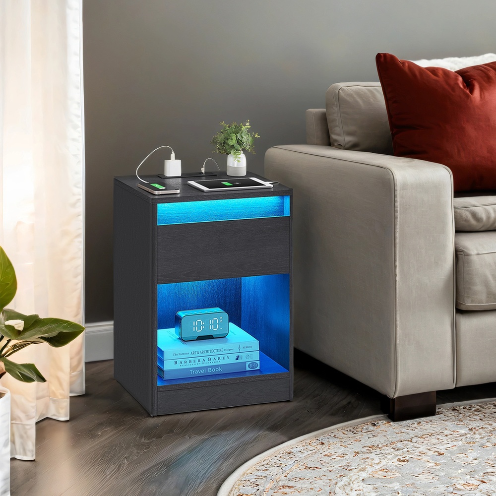 VASAGLE Nightstand with Adjustable LED Lighting, Side Table with Outlets, Drawer, 2 AC Outlets, 2 USB Ports, Modern, for Bedroom, Living Room, Cloud White - Image 2
