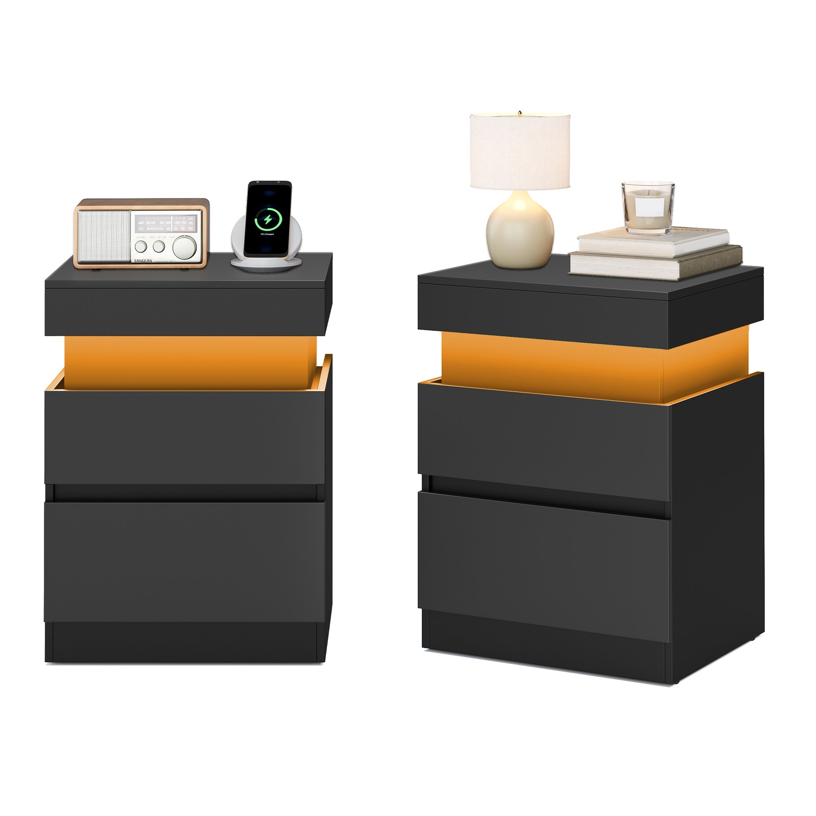 Sidebord med opladestation, sæt med 2 stk., natbord med belysning - Billede 2