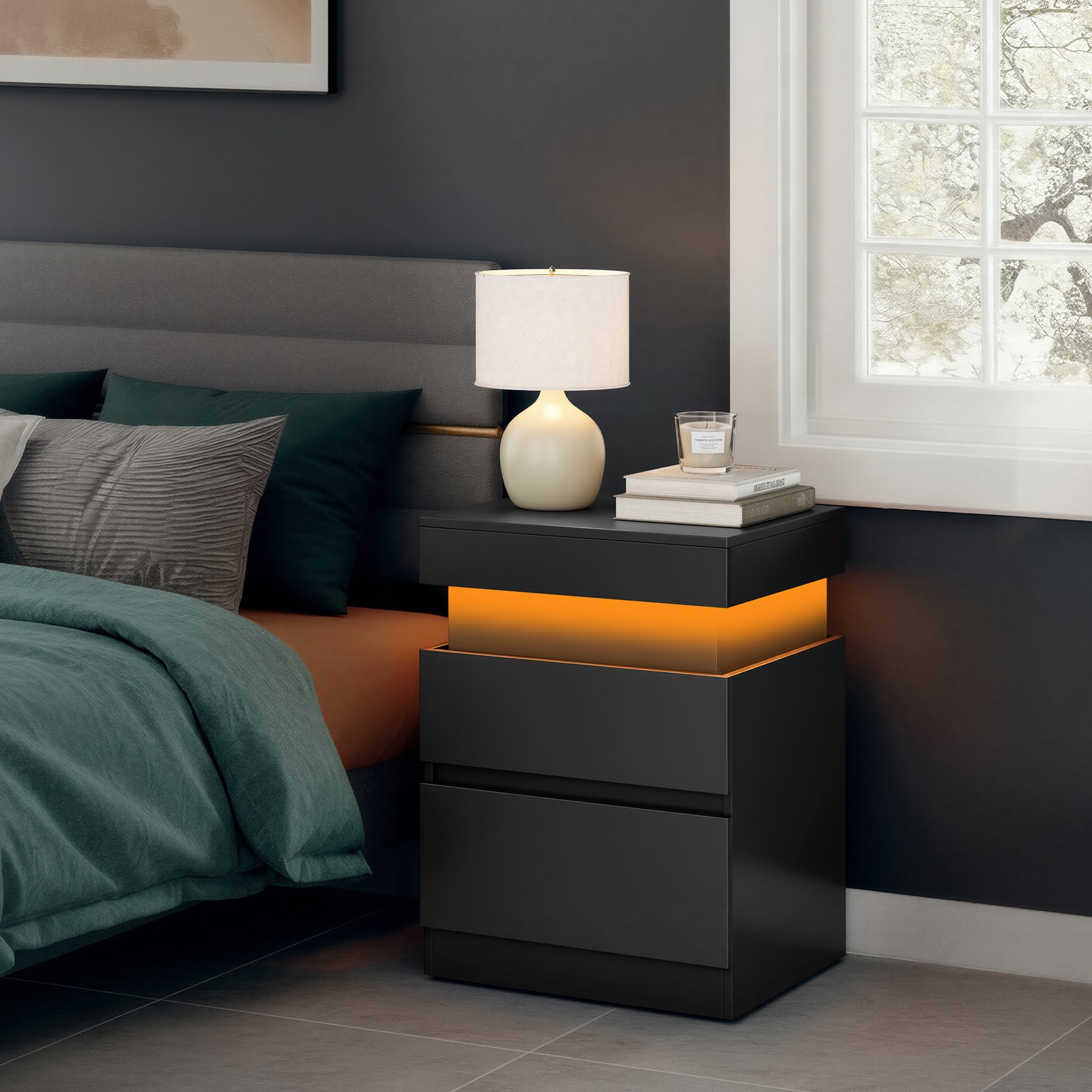 Sidebord med opladestation, sæt med 2 stk., natbord med belysning - Billede 4