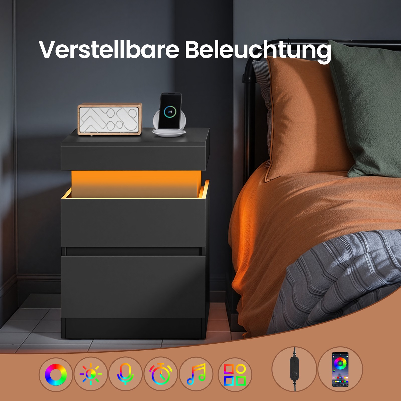 Sidebord med opladestation, sæt med 2 stk., natbord med belysning - Billede 5