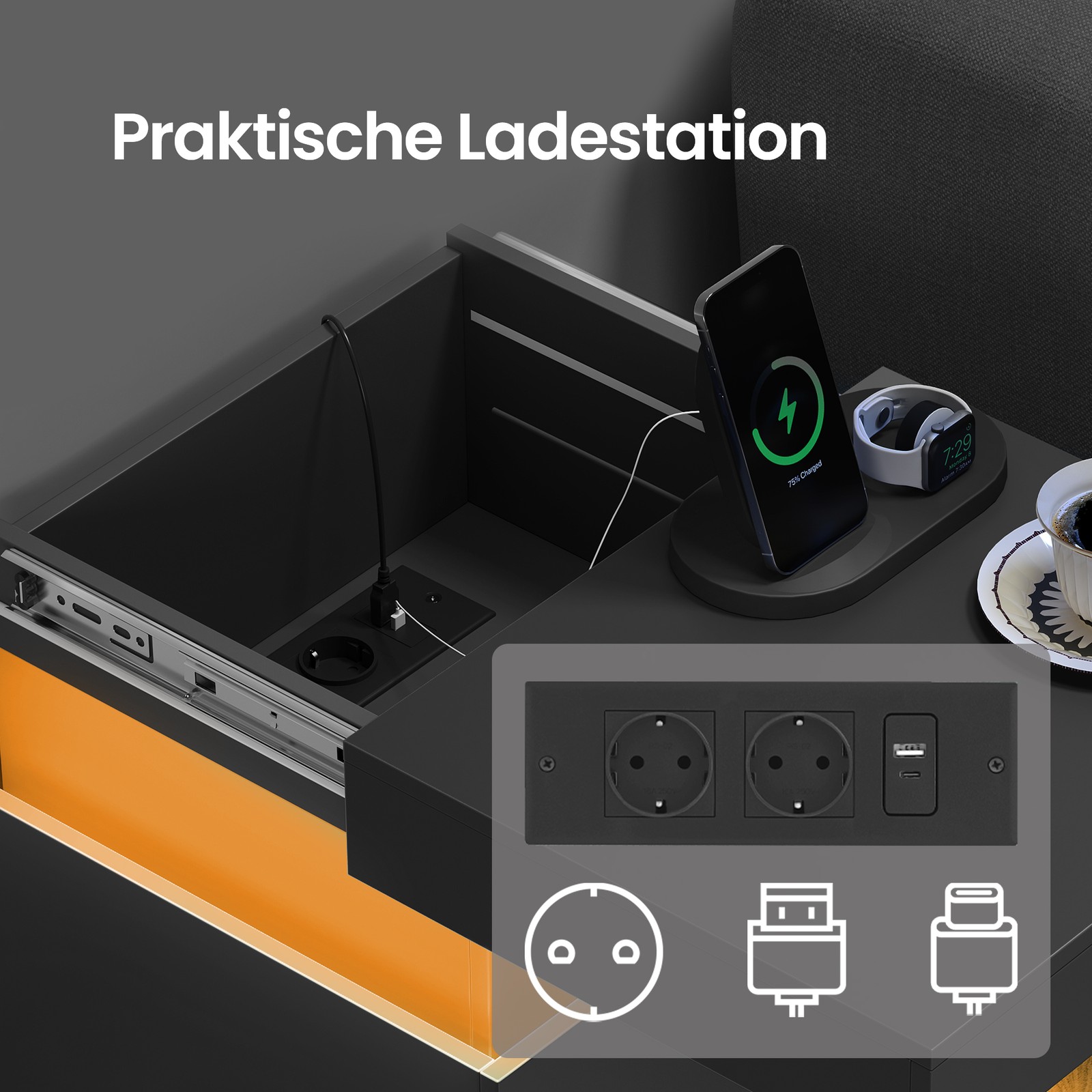 Sidebord med opladestation, sæt med 2 stk., natbord med belysning - Billede 7
