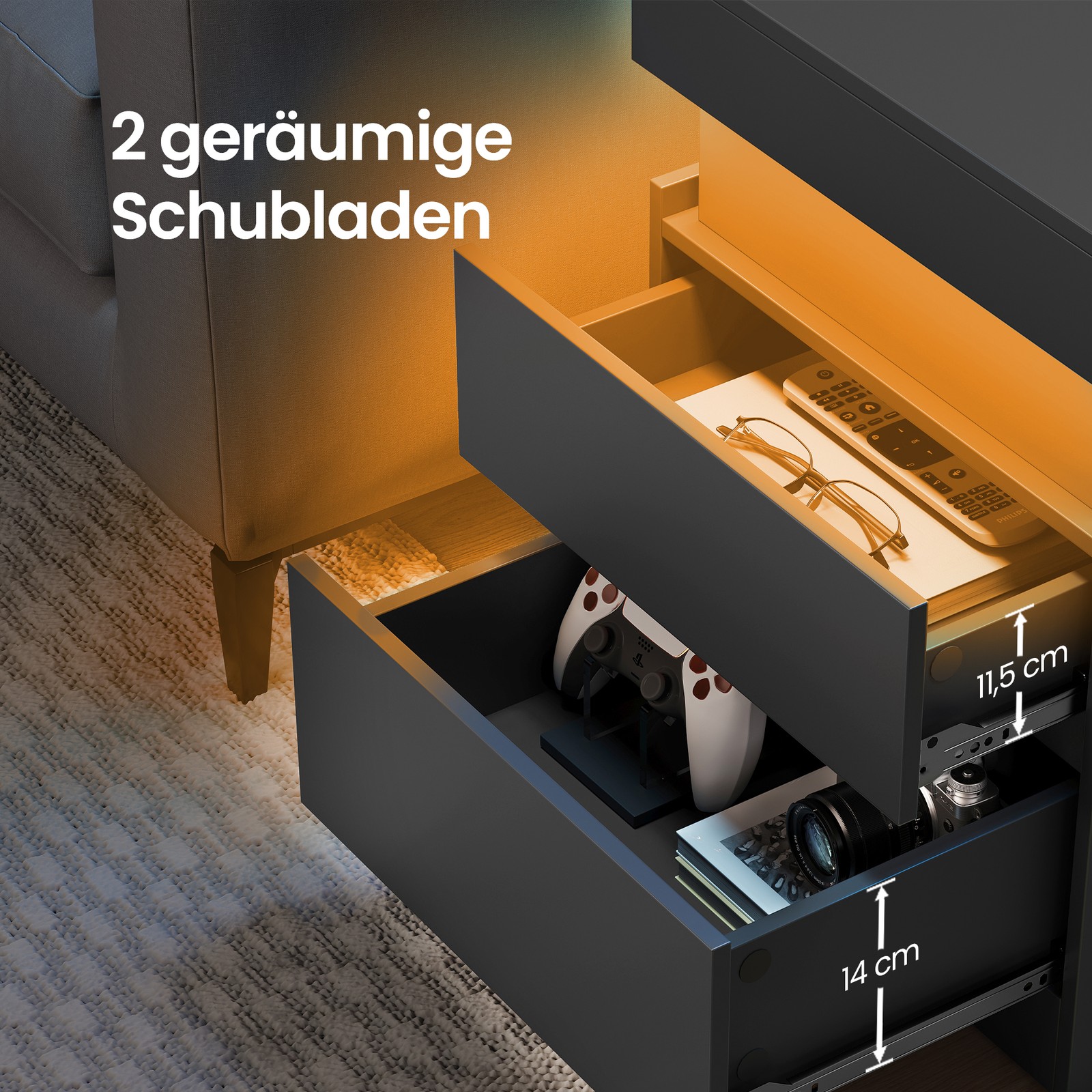 Sidebord med opladestation, sæt med 2 stk., natbord med belysning - Billede 8