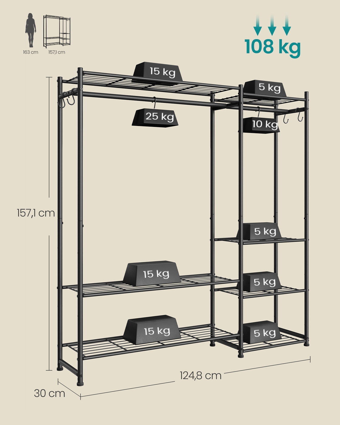 Open wardrobe with 7 shelves and 2 clothes rails - Image 5
