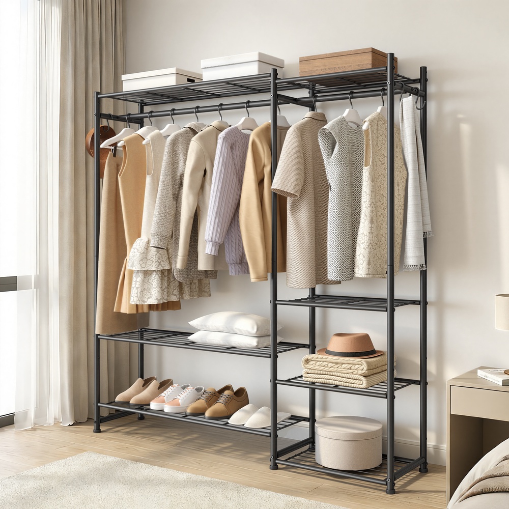 Coat rack with metal frame, open wardrobe, 7 shelves - Image 8