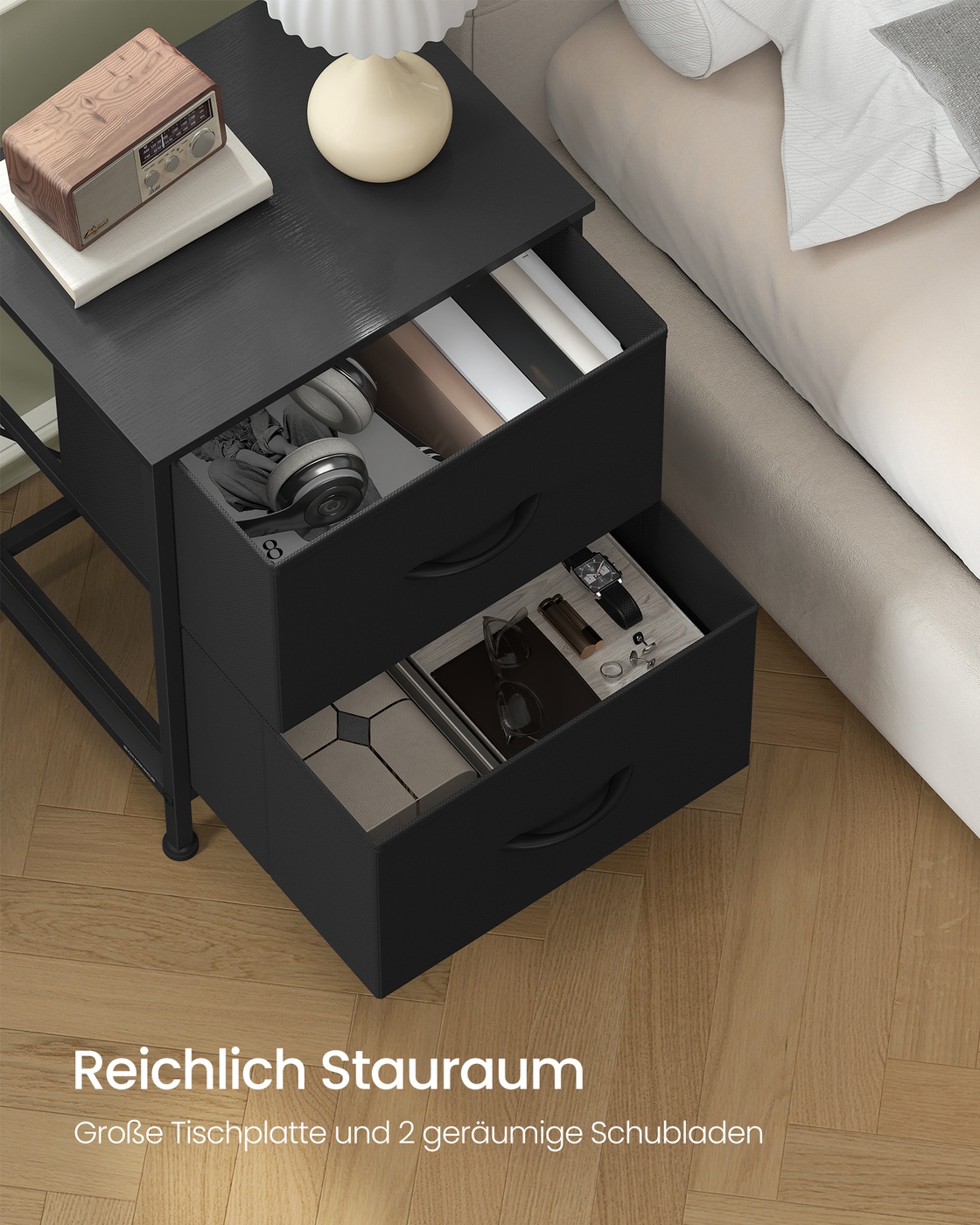 Nightstand with 2 fabric drawers, ink black-ebony black - Image 3