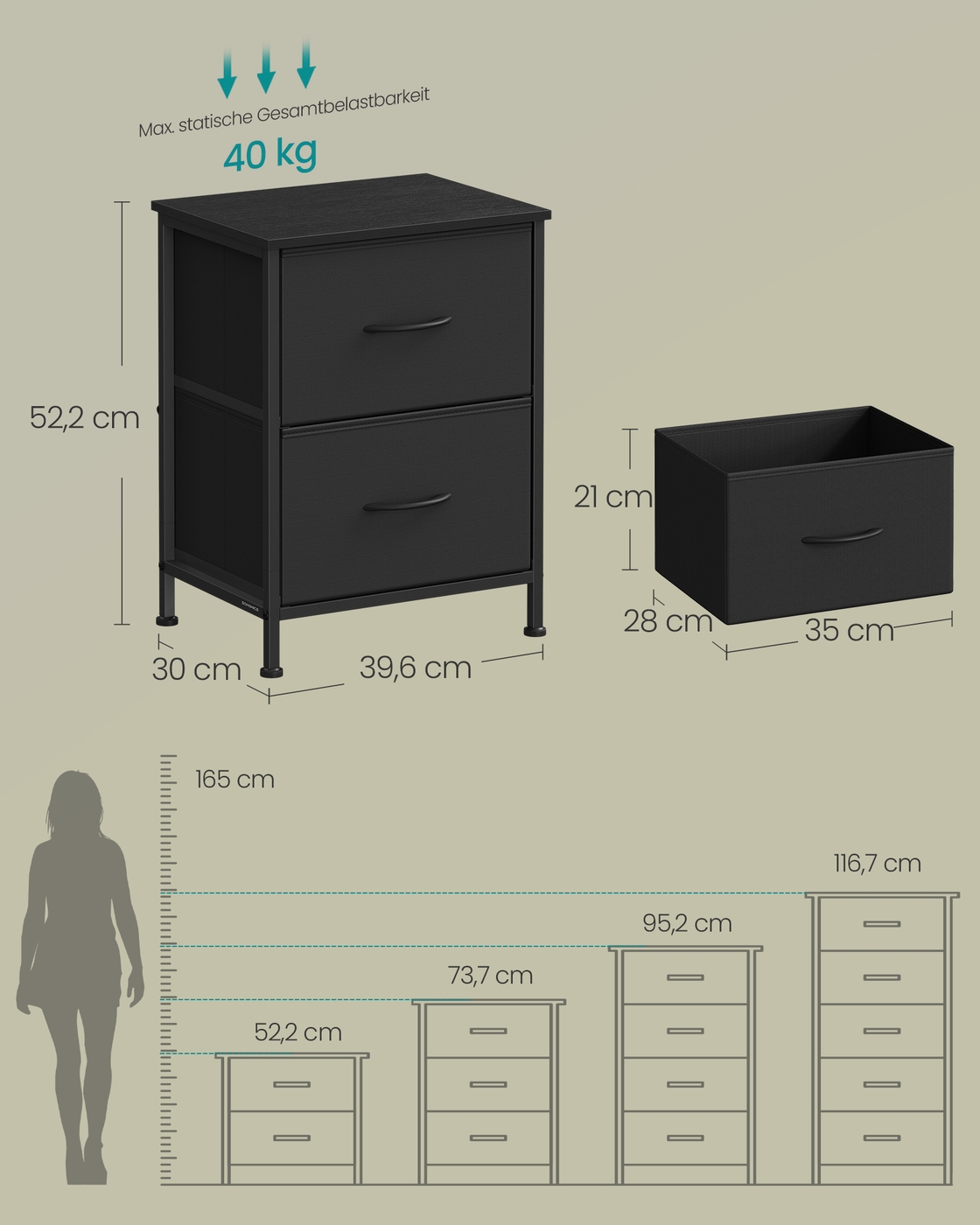 Nightstand with 2 fabric drawers, ink black-ebony black - Image 5