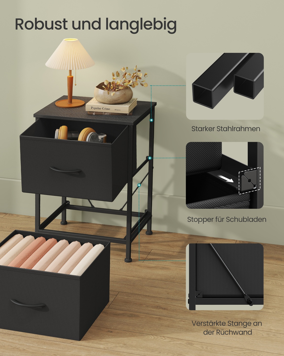 Nightstand with 2 fabric drawers, ink black-ebony black - Image 6