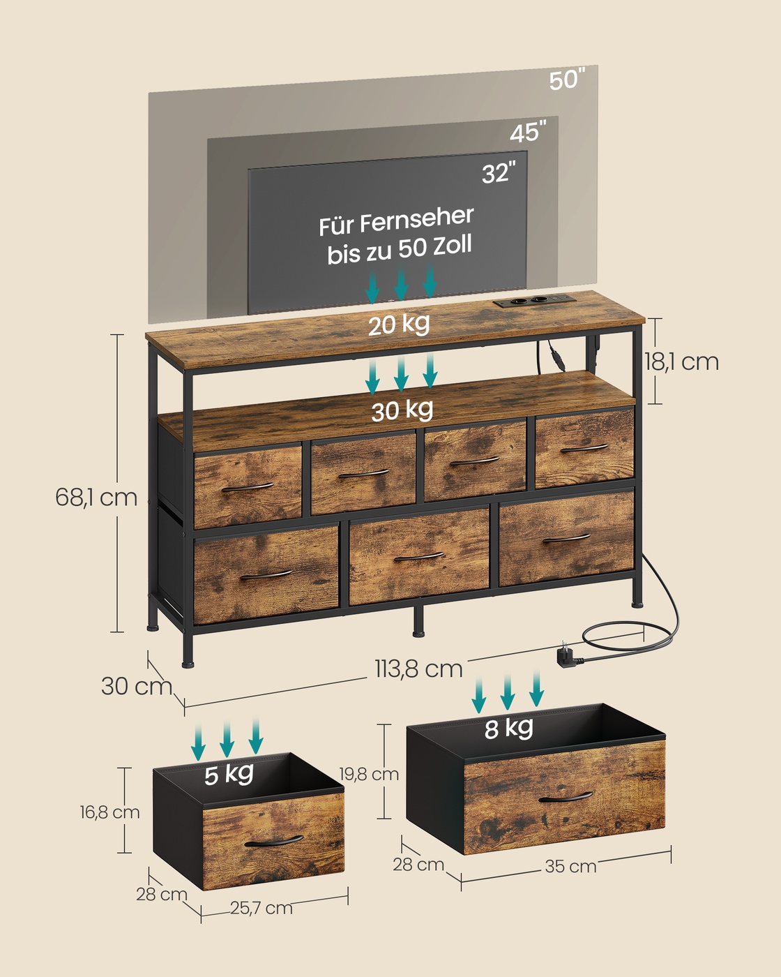 BELLAH-kollektionen – byrå med 7 lådor och 1 hylla i vintagebrunt och bläcksvart - Bild 6