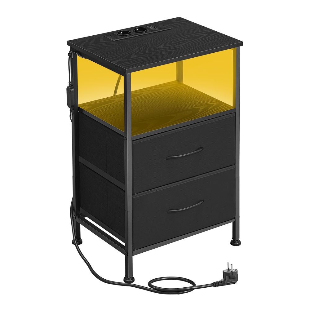 Sengebord med LED-belysning og opladestation, sengebord med 2 skuffer og åbent rum, sort