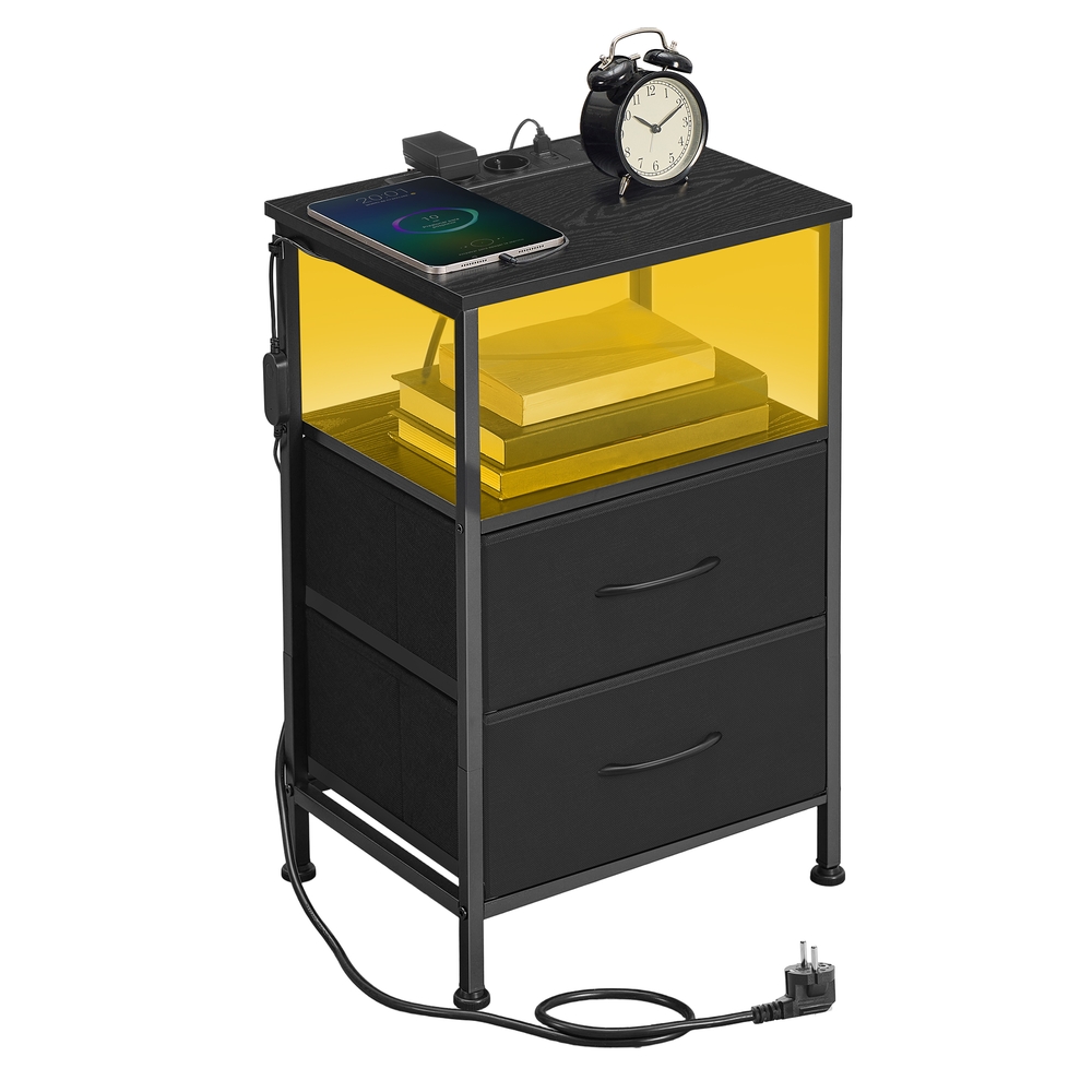 Sengebord med LED-belysning og opladestation, sengebord med 2 skuffer og åbent rum, sort - Billede 2