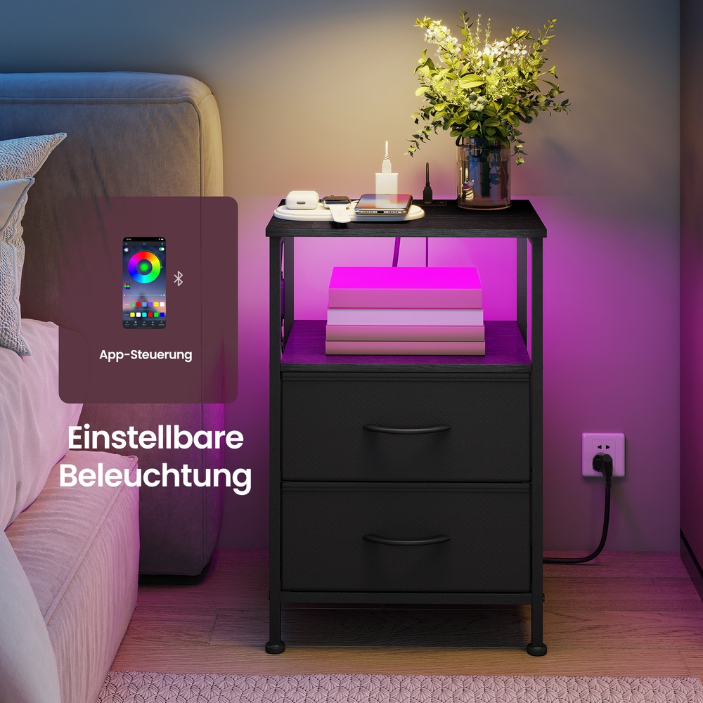 Sengebord med LED-belysning og opladestation, sengebord med 2 skuffer og åbent rum, sort - Billede 4
