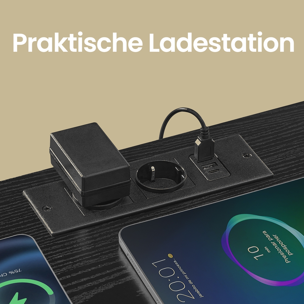 Sengebord med LED-belysning og opladestation, sengebord med 2 skuffer og åbent rum, sort - Billede 6