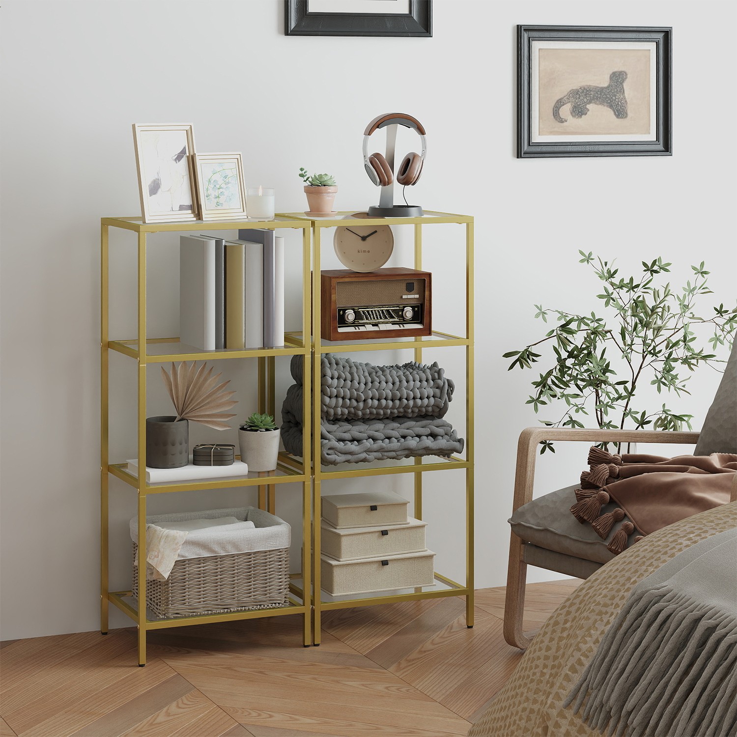VASAGLE baderomshylle, stativhylle, kjøkkenhylle, ganghylle, stuehylle, plantehylle med 4 hyller i herdet glass, stabil, enkel montering, stue, soverom, kontor, gullfarget - Bilde 3