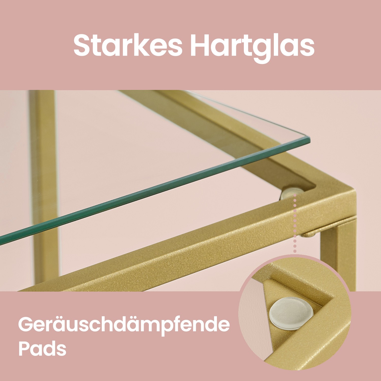 VASAGLE baderomshylle, stativhylle, kjøkkenhylle, ganghylle, stuehylle, plantehylle med 4 hyller i herdet glass, stabil, enkel montering, stue, soverom, kontor, gullfarget - Bilde 4