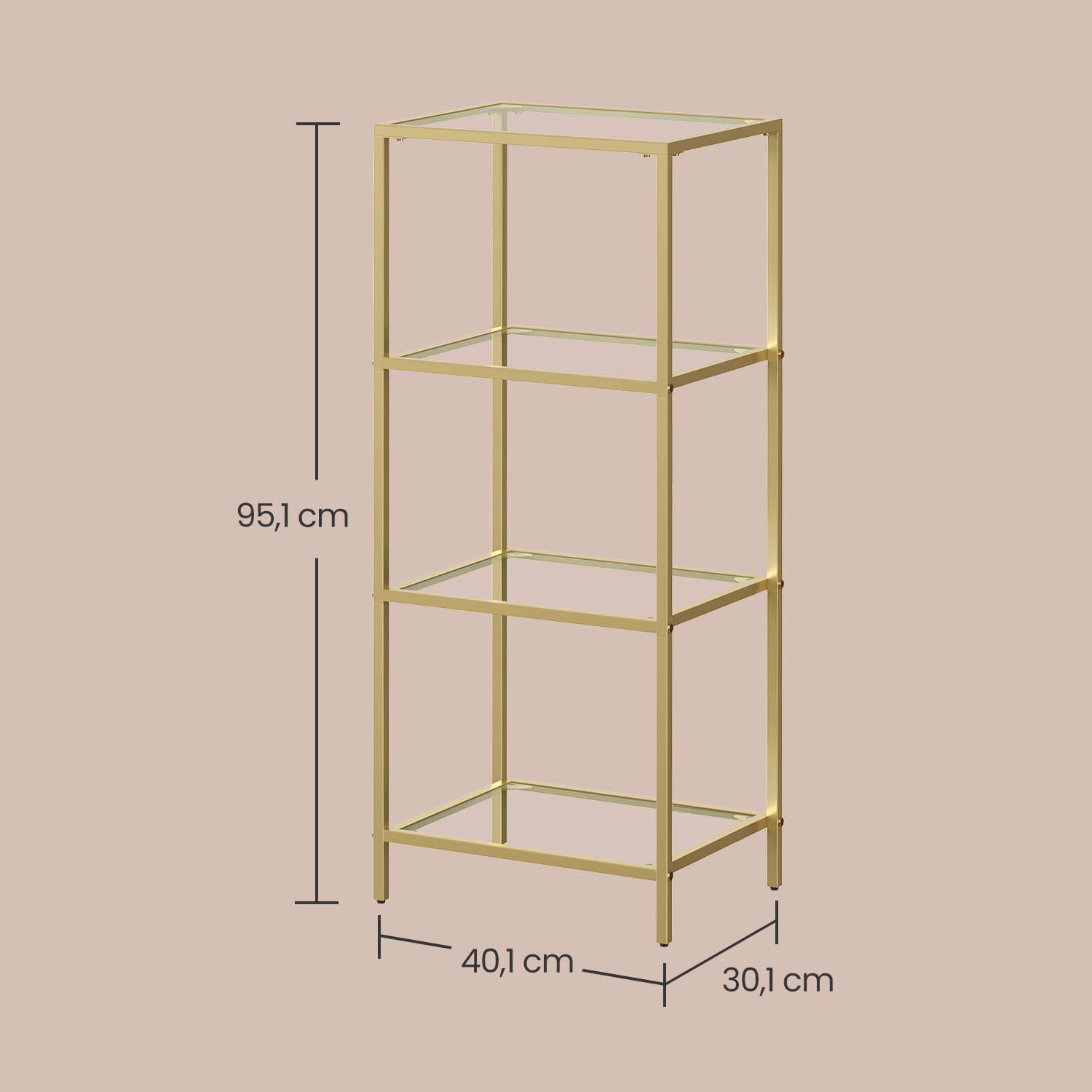 VASAGLE baderomshylle, stativhylle, kjøkkenhylle, ganghylle, stuehylle, plantehylle med 4 hyller i herdet glass, stabil, enkel montering, stue, soverom, kontor, gullfarget - Bilde 6