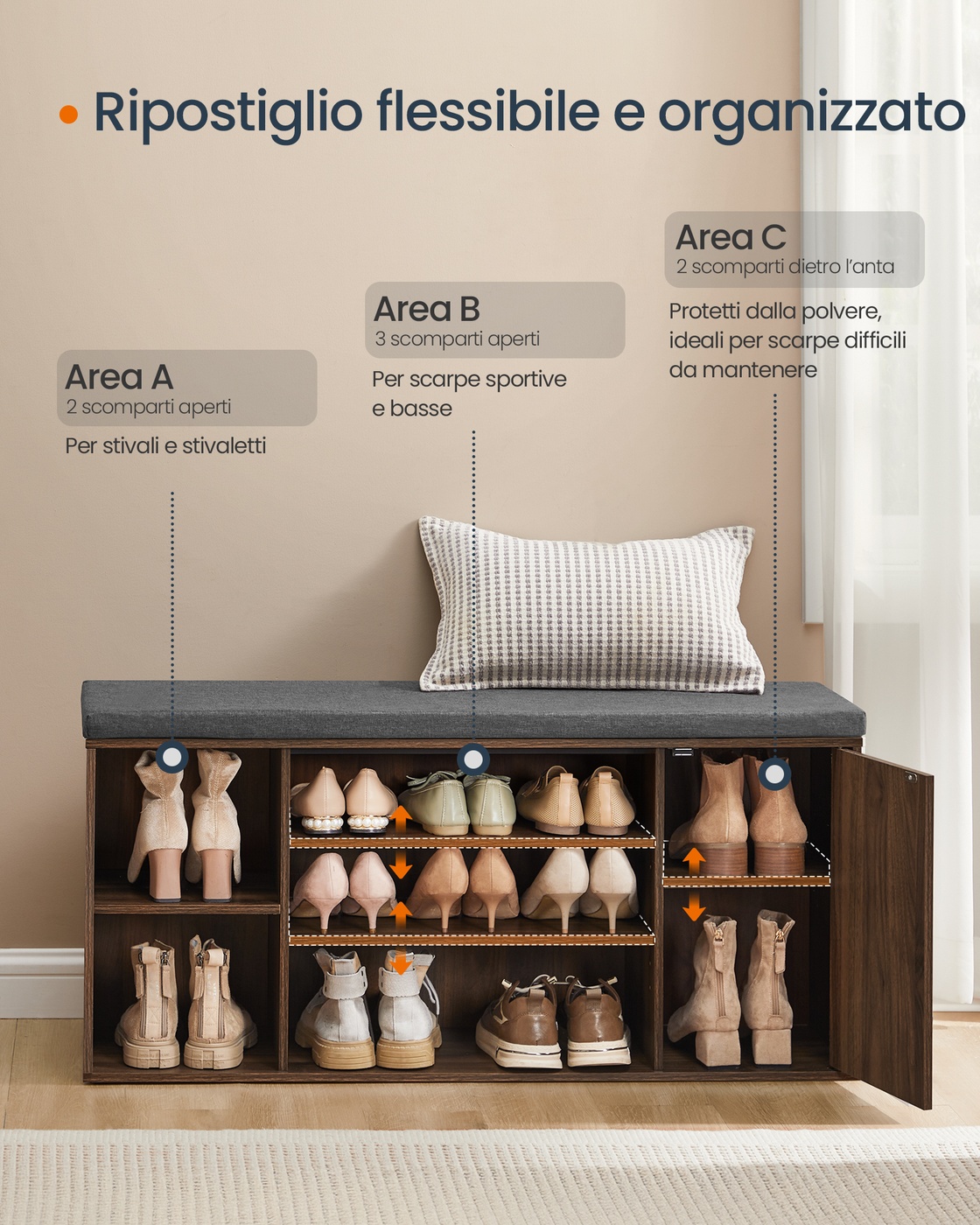 Shoe bench with storage and adjustable open compartments - Image 4