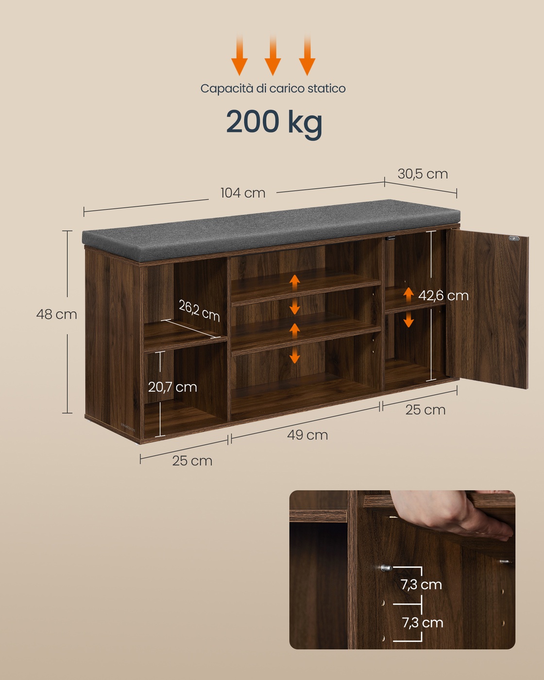 Shoe bench with storage and adjustable open compartments - Image 6