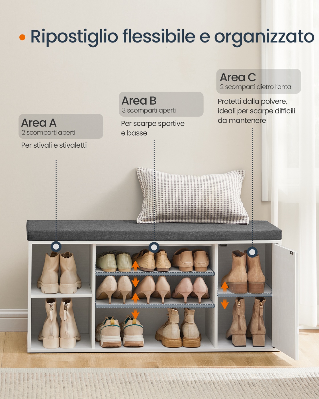 Shoe bench with storage and adjustable open compartments - Image 4