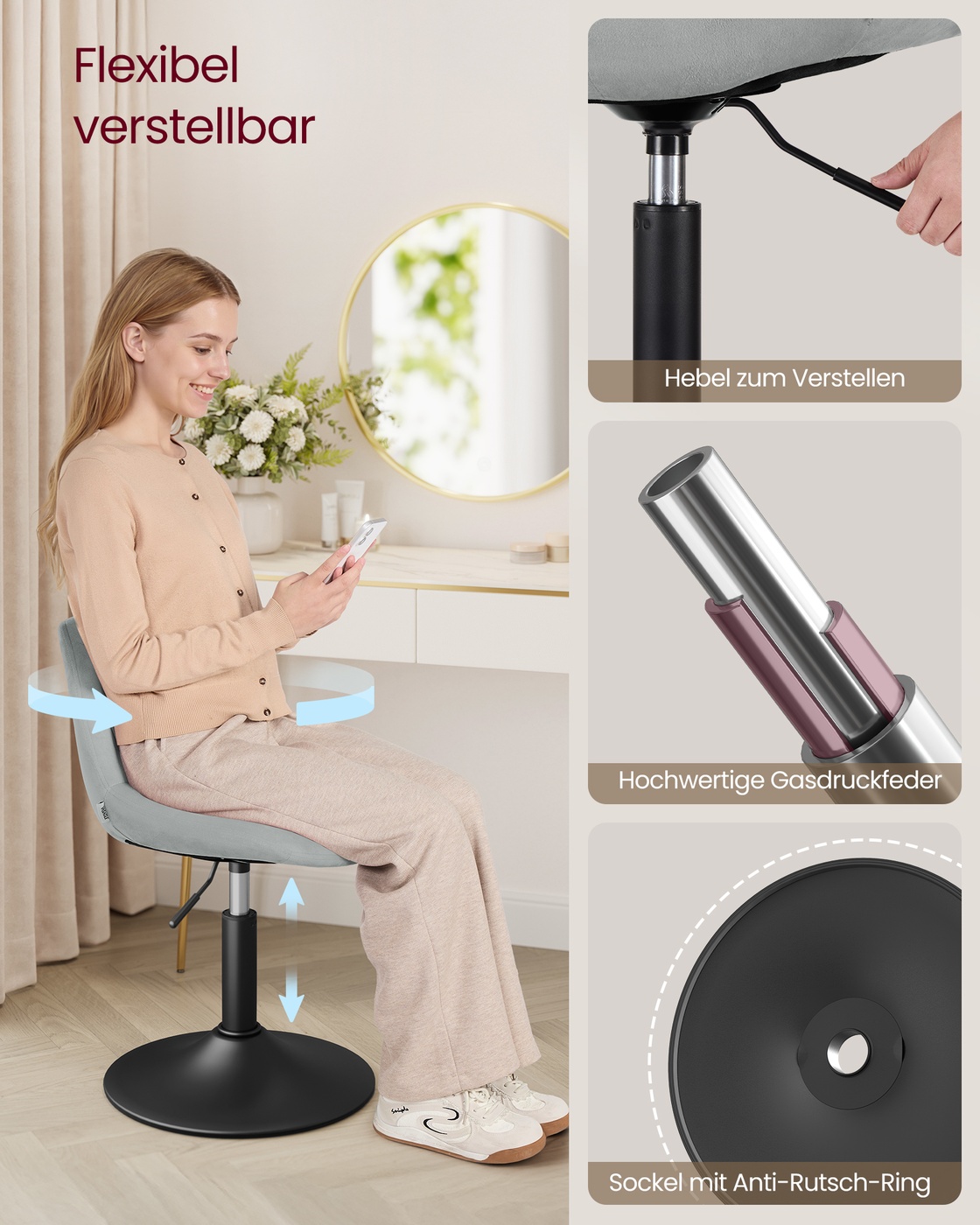 Makeup stool with backrest and swivel seat - Image 7