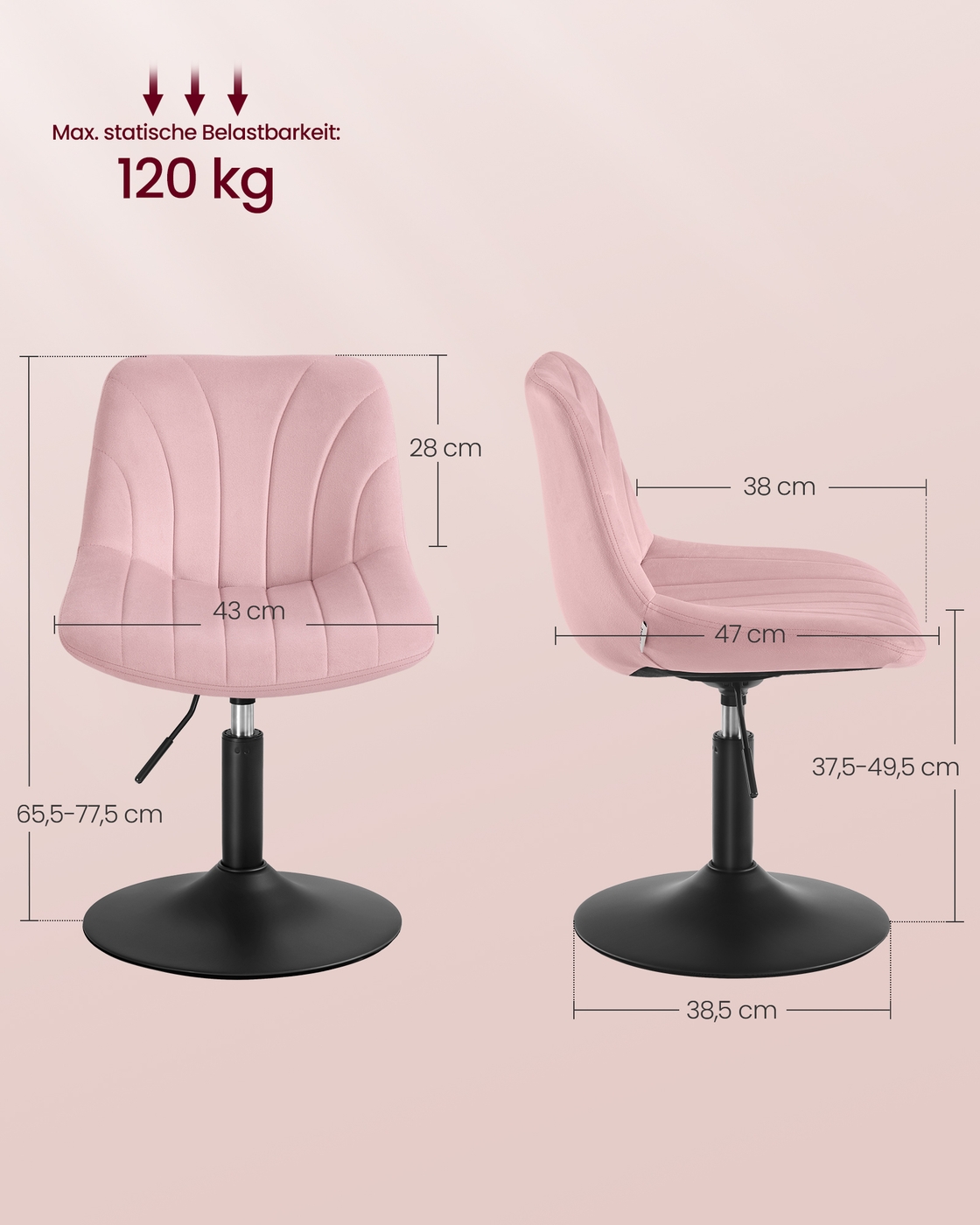 Dressing Table Chair Height Adjustable Bar Stool with Back Jelly Pink - Image 3