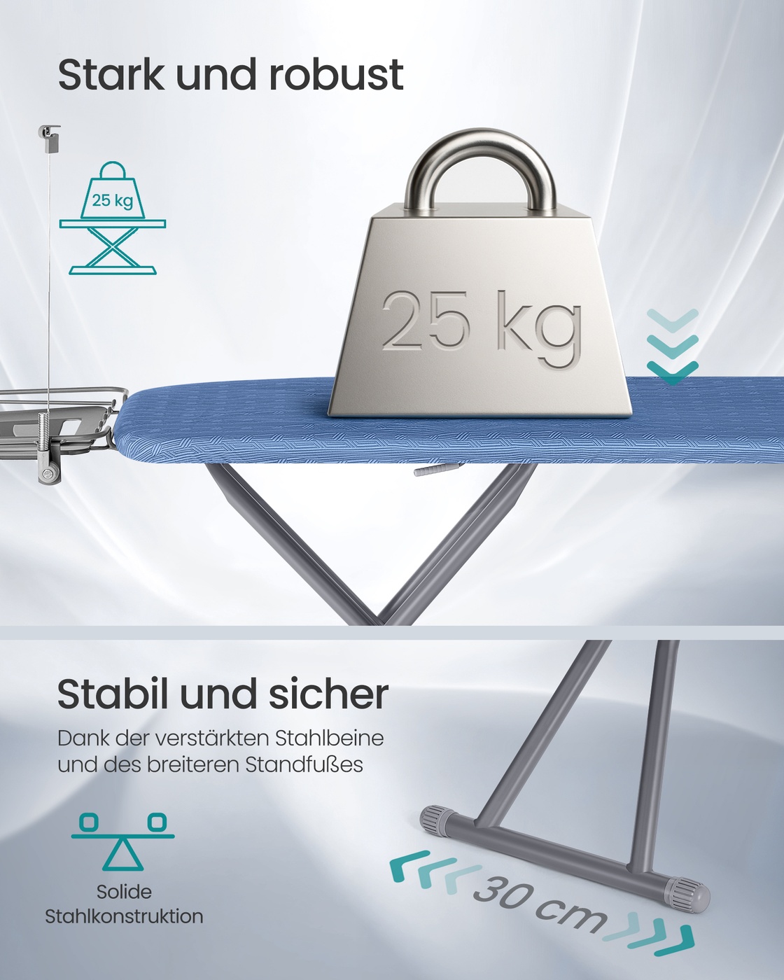 SONGMICS strykebrett, 122 x 38 cm strykeflate, strykebord med justerbar høyde, sammenleggbart, med kabelholder, strykejernsholder, kroker, for dampstrykestasjon, midnattblå-duvegrå - Bilde 3
