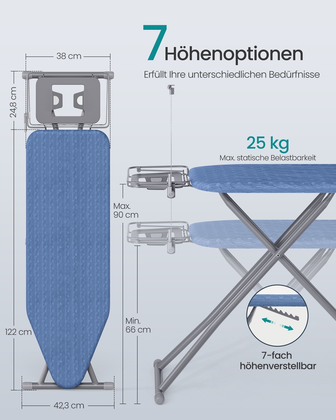 SONGMICS strykebrett, 122 x 38 cm strykeflate, strykebord med justerbar høyde, sammenleggbart, med kabelholder, strykejernsholder, kroker, for dampstrykestasjon, midnattblå-duvegrå - Bilde 6