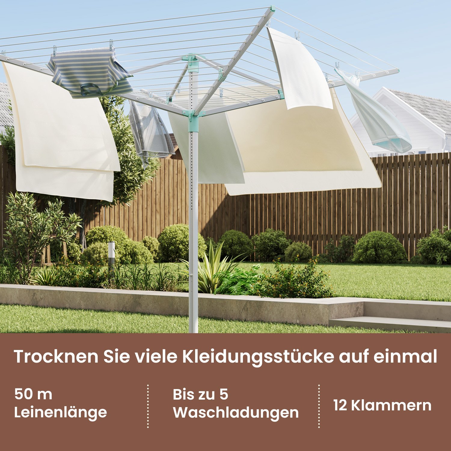 SONGMICS tørkestativ, høydejusterbart, 60 m tørkesnøre, for 6 vaskemaskinladninger, utendørs, hage, med jordspyd, klesklyper, sølvgrønn - Bilde 3