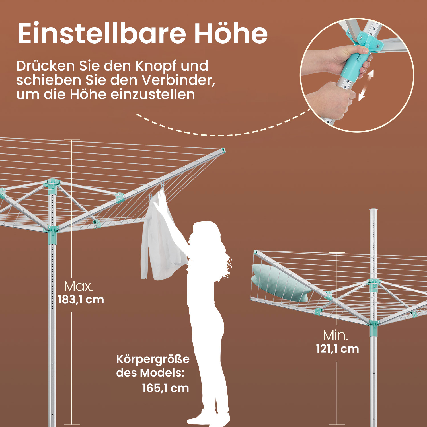 SONGMICS tørkestativ, høydejusterbart, 60 m tørkesnøre, for 6 vaskemaskinladninger, utendørs, hage, med jordspyd, klesklyper, sølvgrønn - Bilde 4