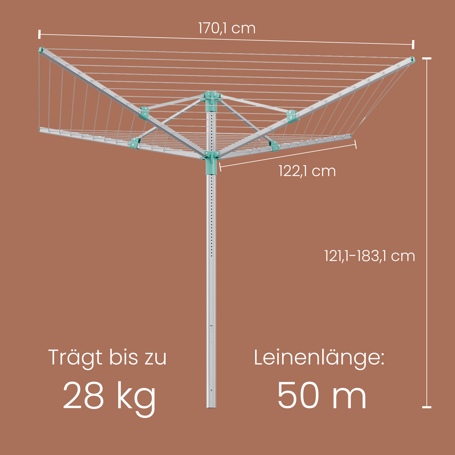 SONGMICS tørkestativ, høydejusterbart, 60 m tørkesnøre, for 6 vaskemaskinladninger, utendørs, hage, med jordspyd, klesklyper, sølvgrønn - Bilde 6