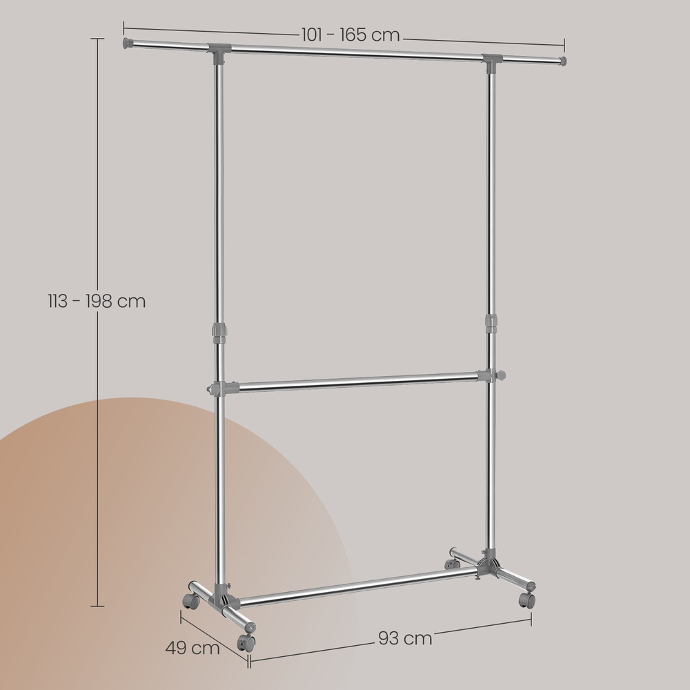 SONGMICS klädställ Garderobställ med hjul Höjdjusterbart från 113 till 198 cm, rör med rostfritt stålplätering - Bild 6