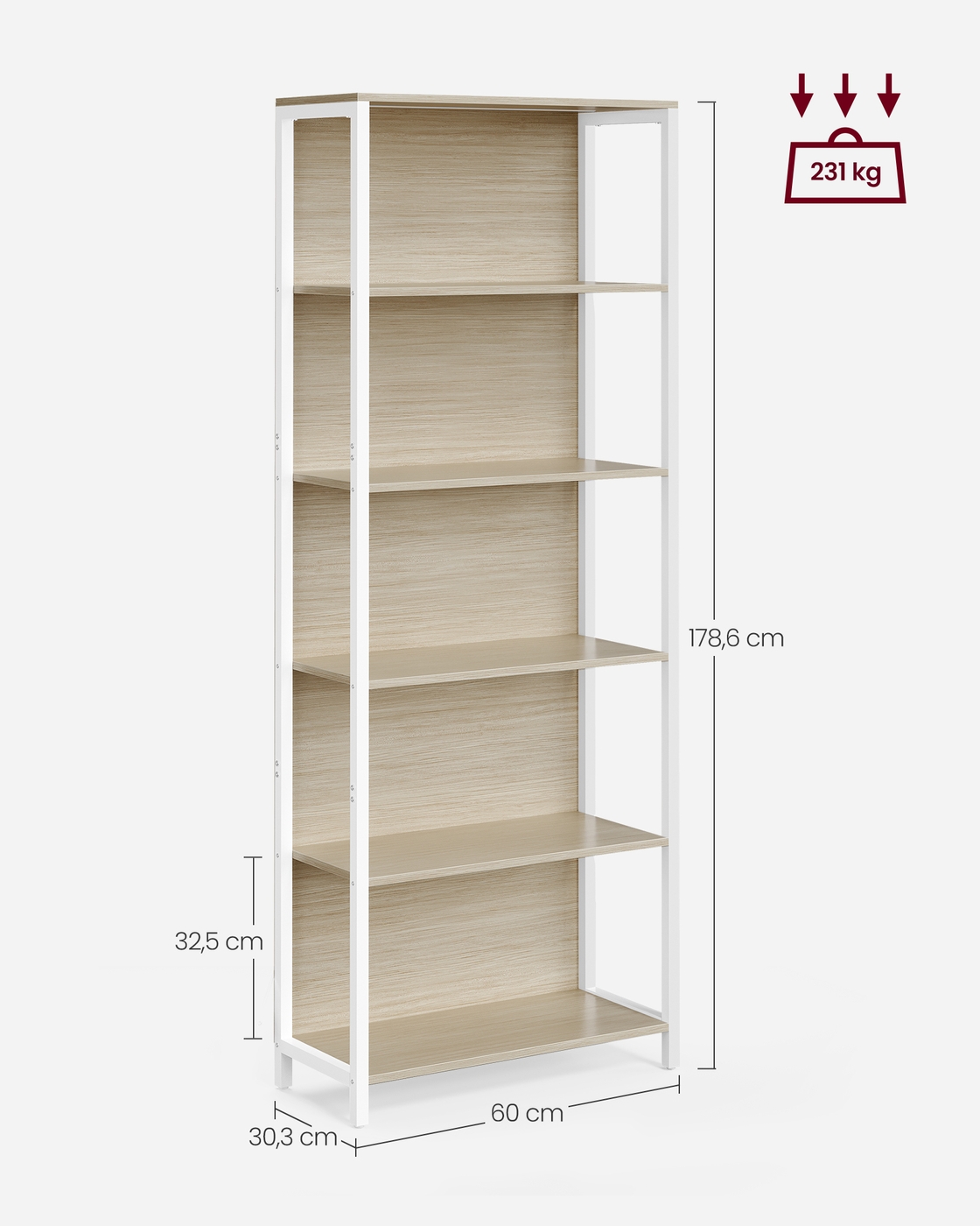 Bogreol med 6 hylder og belysning 30,3 x 60 x 178,6 cm naturbeige - Billede 5