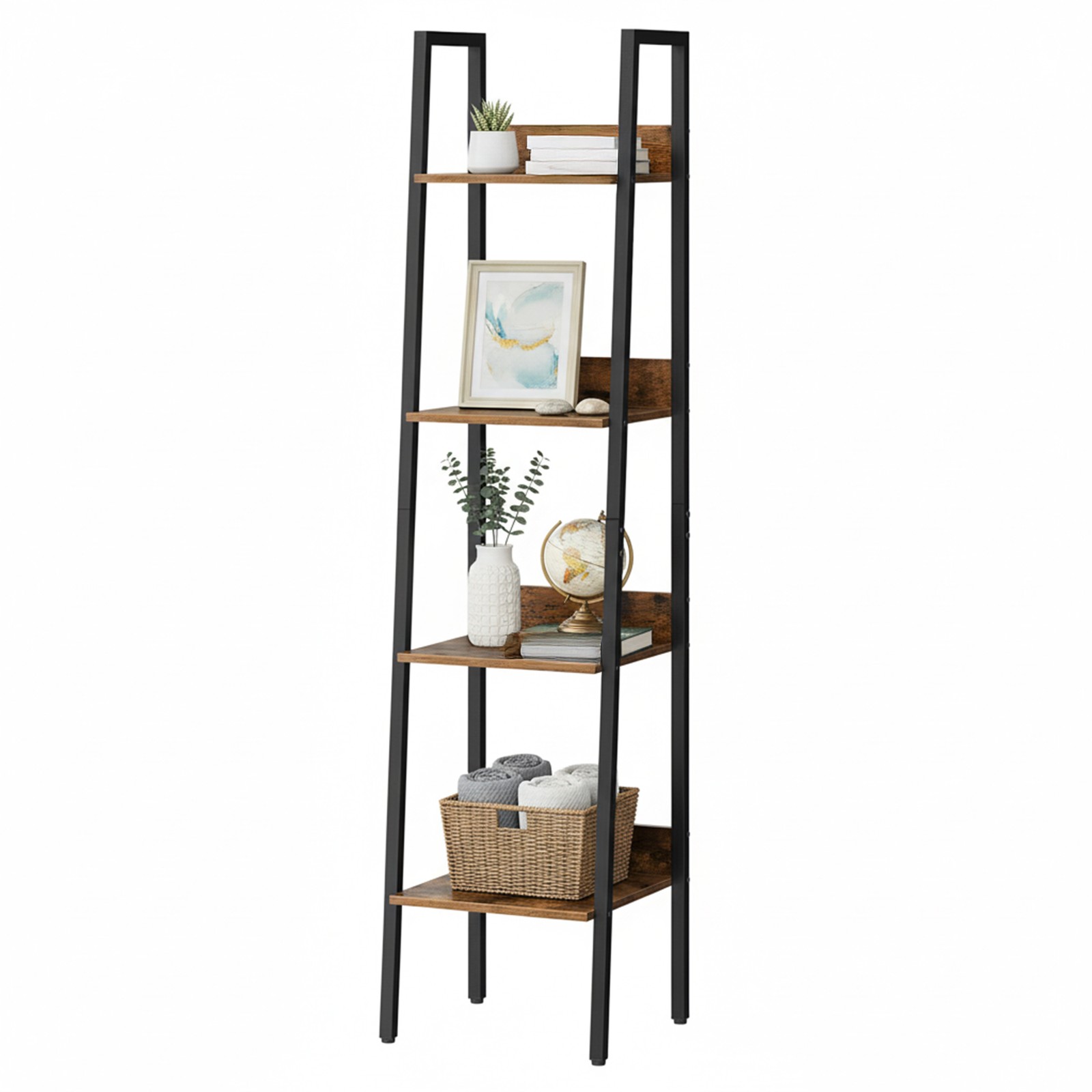 VASAGLE bokhylle, stigehylle, åpen, med 4 hyller, metallstativ, til stue, soverom, kjøkken, arbeidsrom, kontor, industridesign, vintagebrun-svart - Bilde 2