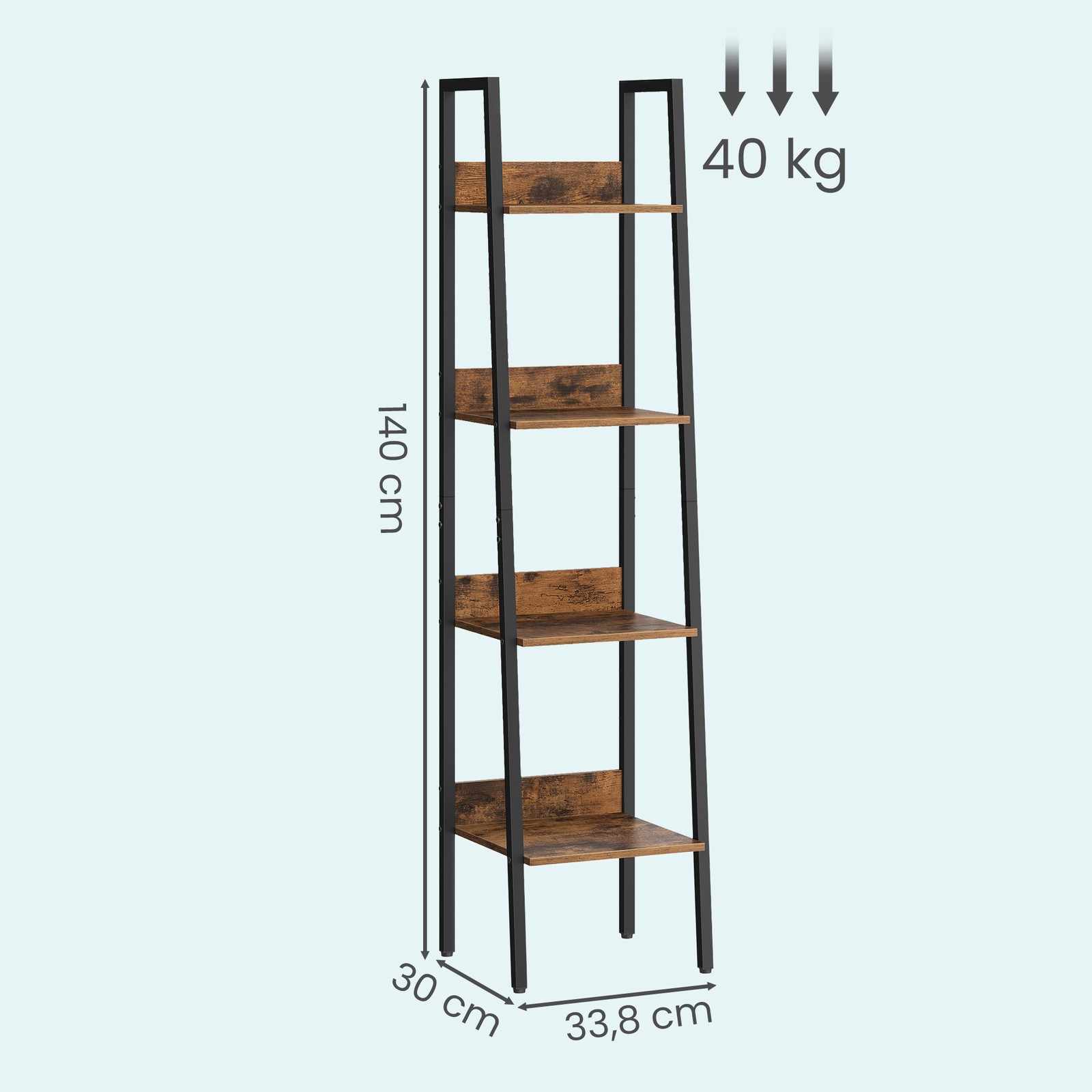 VASAGLE bokhylle, stigehylle, åpen, med 4 hyller, metallstativ, til stue, soverom, kjøkken, arbeidsrom, kontor, industridesign, vintagebrun-svart - Bilde 3