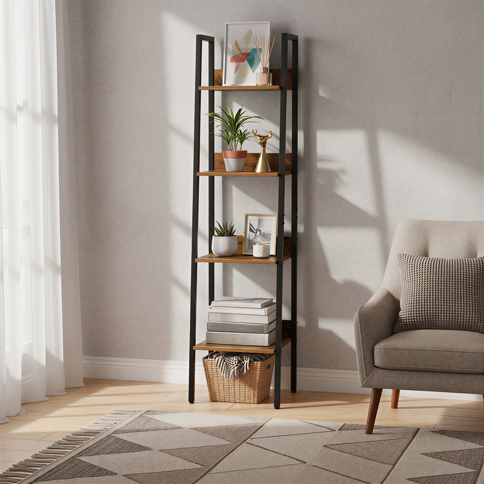 VASAGLE bokhylle, stigehylle, åpen, med 4 hyller, metallstativ, til stue, soverom, kjøkken, arbeidsrom, kontor, industridesign, vintagebrun-svart - Bilde 4