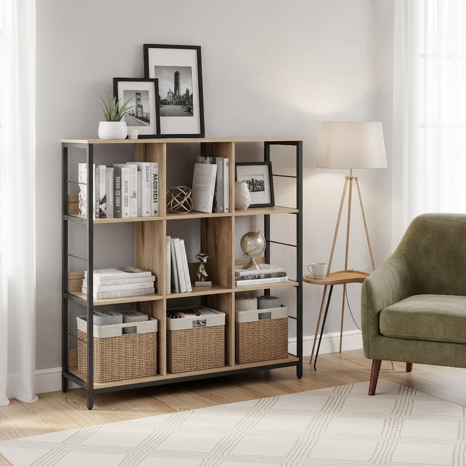 Floor-standing shelf, bookshelf with 9 compartments, brown-black - Image 5