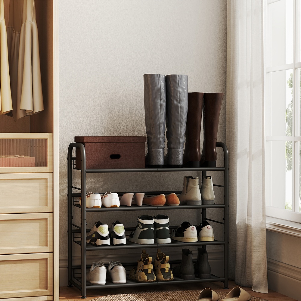 SONGMICS skohylde med 4 hylder, stabelbar sko-organizer, til op til 16 par sko, af stål, 68,5 x 27,5 x 65 cm, til højhælede sko, sneakers, hjemmesko, sort