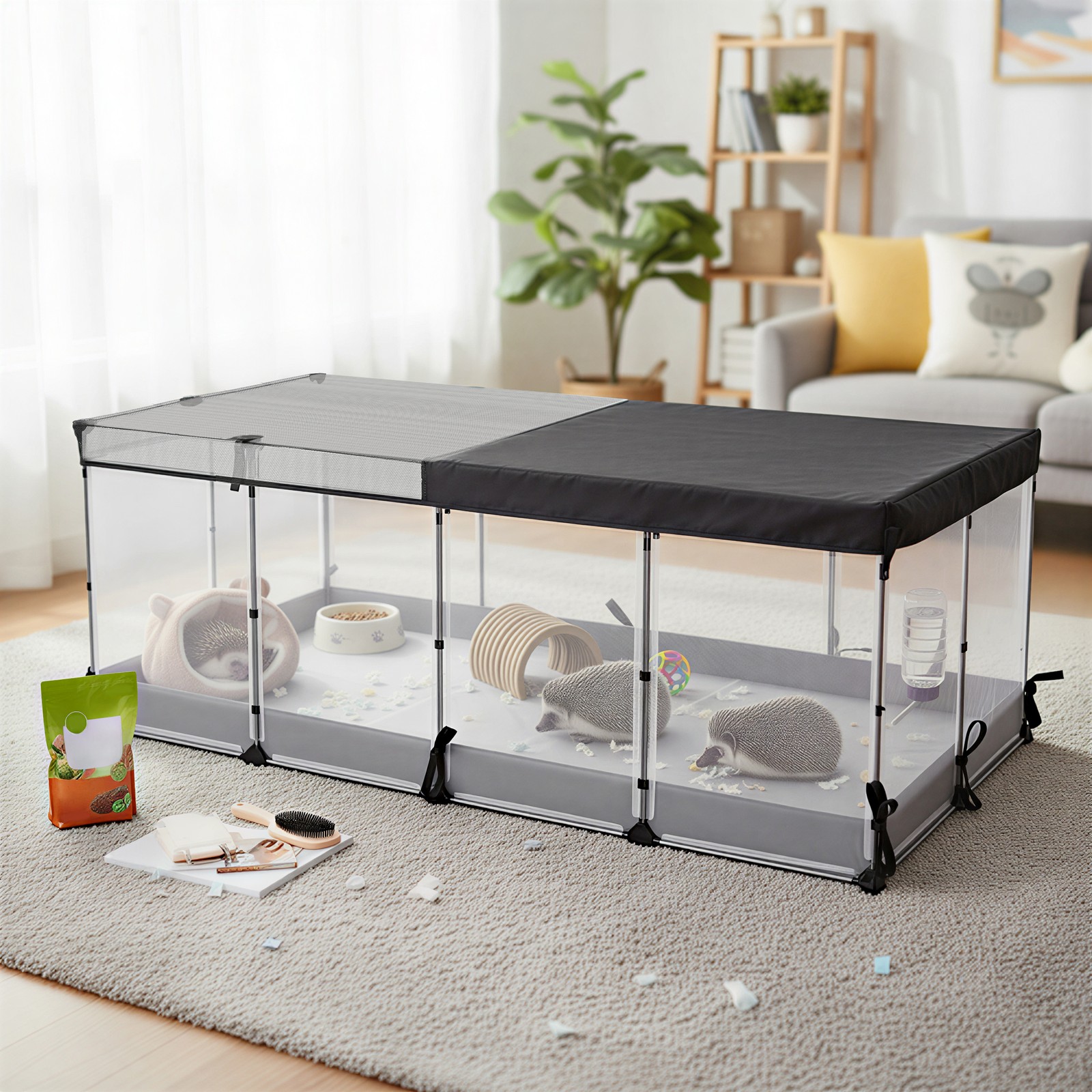 SONGMICS bur for smådyr, halvtransparente plater, pustende, vannavstøtende stoff i bunnen, kaninbur, marsvinbur, ilderbur, 144 x 74 x 47 cm, skyhvit - Bilde 4