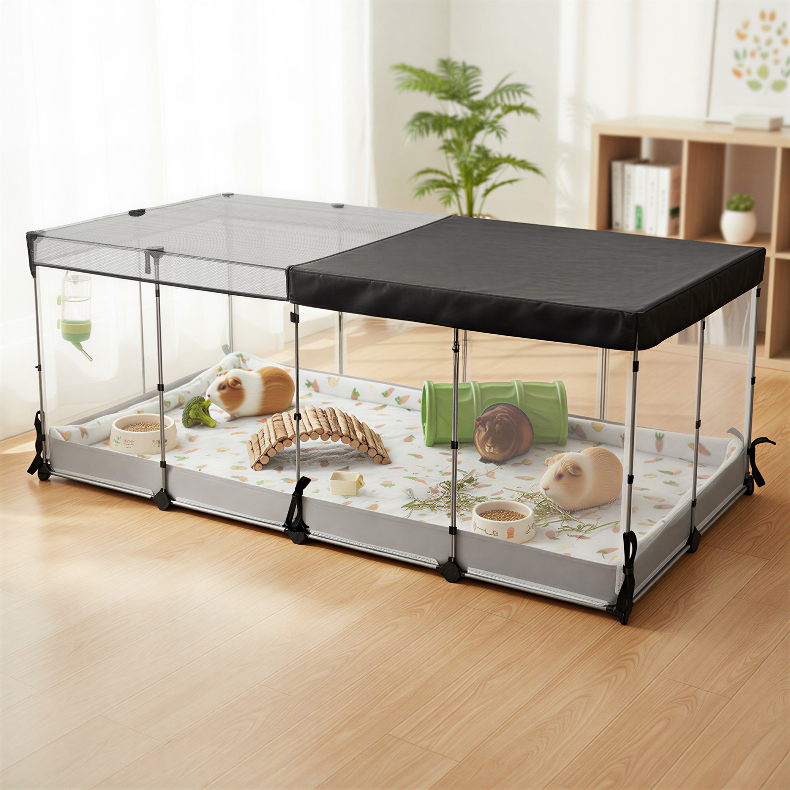 SONGMICS bur for smådyr, halvtransparente plater, pustende, vannavstøtende stoff i bunnen, kaninbur, marsvinbur, ilderbur, 144 x 74 x 47 cm, skyhvit - Bilde 5