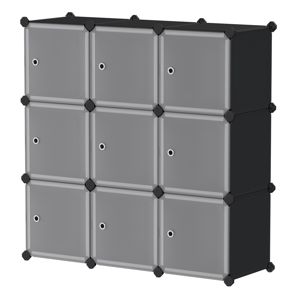 SONGMICS 9-kubers DIY-hyllsystem, klädskåp i plast med dörrar i trendigt vitt, stabilt och enkelt att montera, ihopsättningshylla