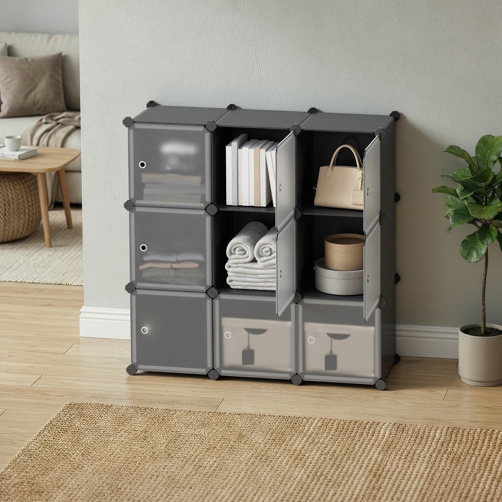 SONGMICS 9-kubers DIY-hyllsystem, klädskåp i plast med dörrar i trendigt vitt, stabilt och enkelt att montera, ihopsättningshylla - Bild 4